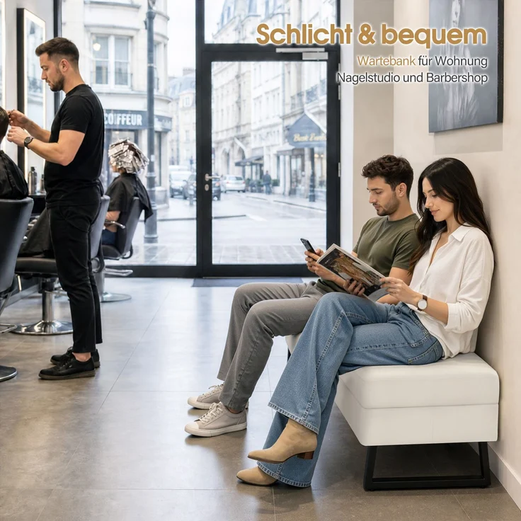 BarberPub 3-Sitzer Sitzbank für Friseursalon, Breite 153 cm, Wartebank Friseur, Polsterbank Schlafzimmer, Bettbank für Wohnzimmer, Schuhbank Flurbank, W513 (Weiß/Kunstleder) – Bild 7