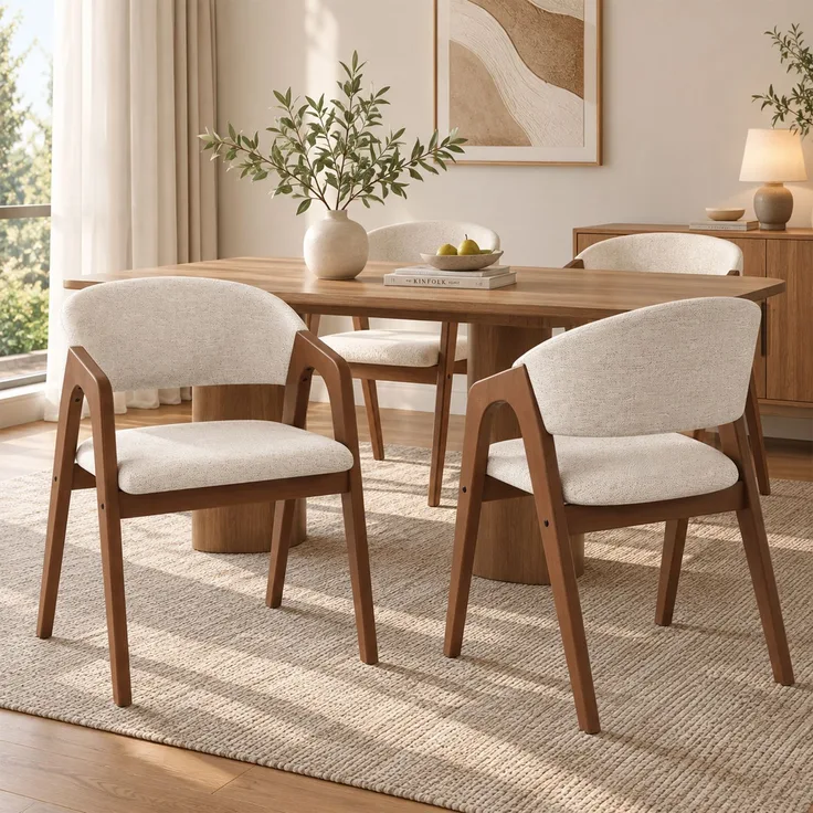 4 Esszimmerstühle aus Massivholz, bequem und atmungsaktiv, geeignet für Esszimmer, Wohnzimmer, Cafés, moderner Stil, Leinenstoff,Walnussholzfarbe + Haferbeige--Nussbaum--55.5x60x83cm--YOUDENOVA