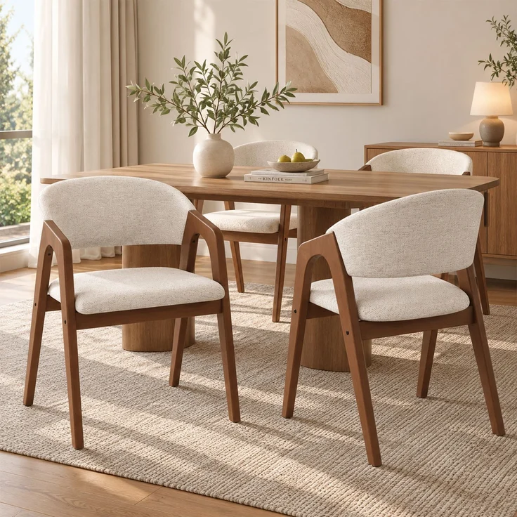 4 Esszimmerstühle aus Massivholz, bequem und atmungsaktiv, geeignet für Esszimmer, Wohnzimmer, Cafés, moderner Stil, Leinenstoff,Walnussholzfarbe + Haferbeige--Nussbaum--55.5x60x83cm--YOUDENOVA – Bild 1
