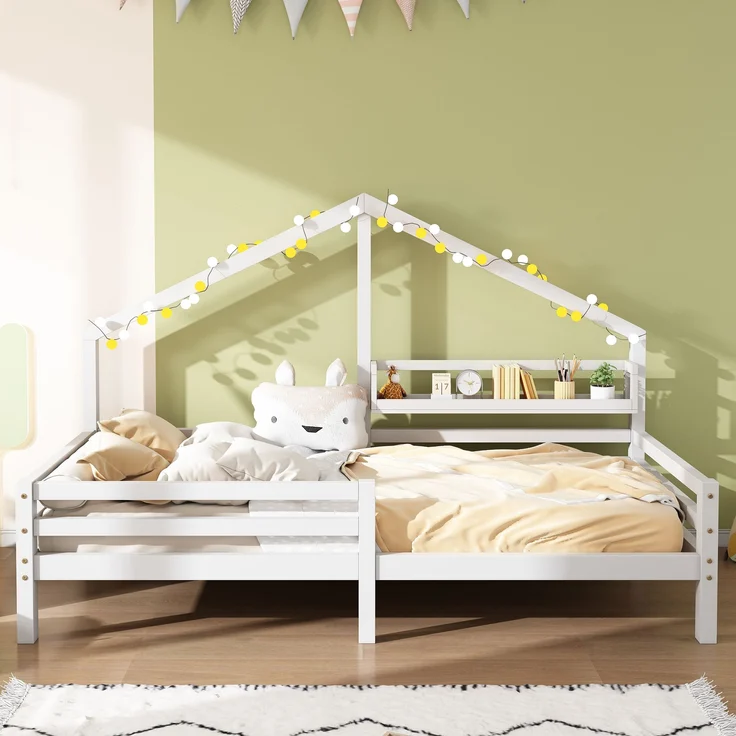 Bett 90x200 cm Hausbett aus Kiefernholz mit Regal – skandinavischer Stil – Bild 3