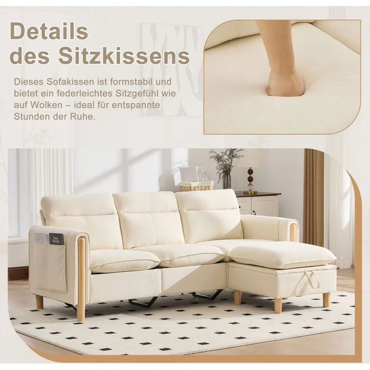 DESVIAE Sofa 3-Sitzer mit Stauraumhocker 201x77x86 cm Chenille Beige – Bild 5