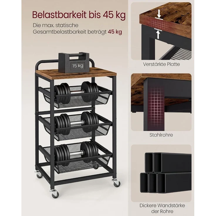 VASAGLE Servierwagen mit 4 Ebenen, Rollwagen mit herausziehbaren Körben, auf Rollen, 31,7 x 40 x 76 cm, vintagebraun-tintenschwarz – Bild 7