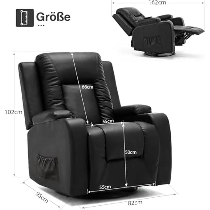 COMHOMA Relaxsessel Fernsehsessel mit verstellbarer Rückenlehne und Fußstütze,360°drehbarer Loungesessel aus PU-Leder mit Getränkehaltern und Seitentaschen,ergonomische Ganzkörperunterstützung,Schwarz – Bild 2