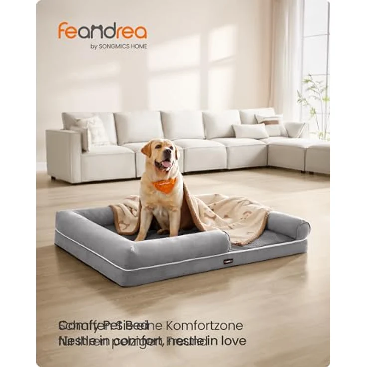 Feandrea Orthopädisches Hundebett, Hundekissen, Hundekorb, weiche Polsterung, Hundesofa, erhöhte Ränder, Bezug abnehmbar und waschbar, 135 x 107 x 25 cm, rutschfeste Unterseite, hellgrau PGW079G02 – Bild 3