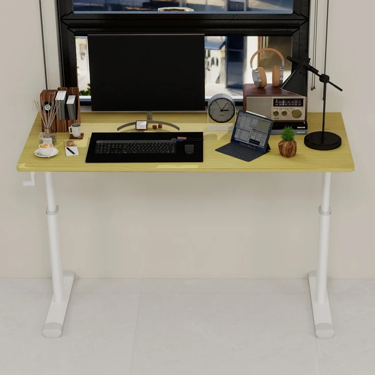 Schreibtisch höhenverstellbar mit Handkurbel, Holzoptik, Metallgestell – Bild 3