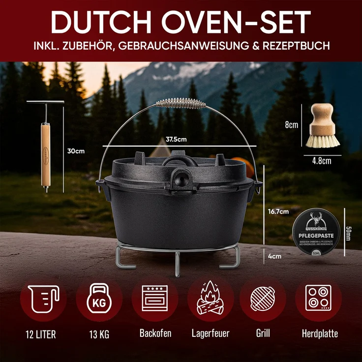 GUSSKÖNIG Dutch Oven Topf ohne Füßen 12Liter+Pflegepaste Untersetzer – Bild 2