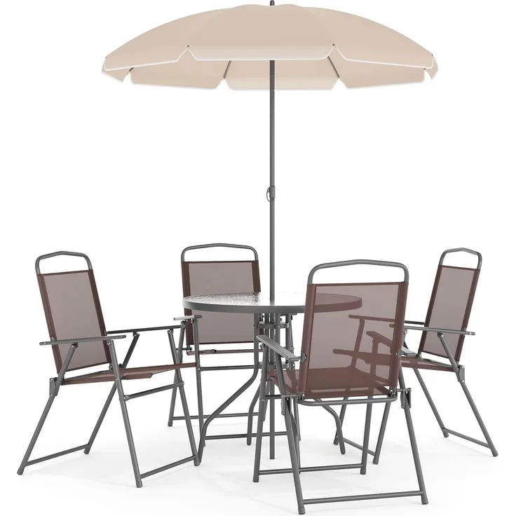 Flash Furniture Nantucket Garten-Set, 6-teilig, Braun, mit Tisch, Sonnenschirm und 4 Klappstühlen
