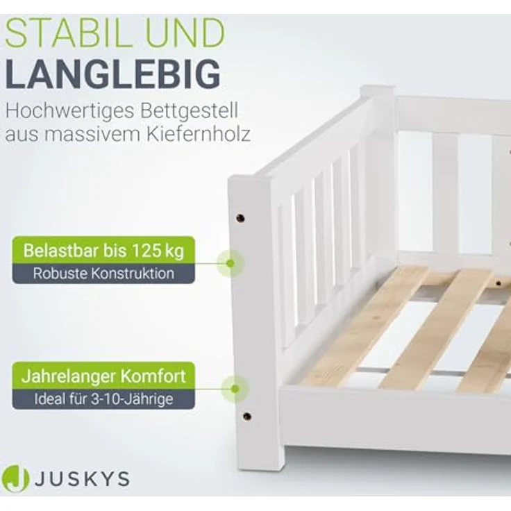 Juskys 'Naya' Kinderbett - mit Matratze, Rausfallschutz & Lattenrost - Bodenbett für Kinder 3 -10 Jahre - Holz Weiß, 80x160 cm – Bild 5