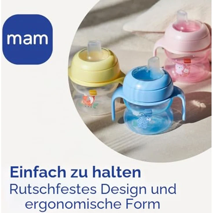 MAM Starter Cup mit rutschfesten Griffen und Ausgießer, 4+ Monate, 150 ml, Hellblau | Extra weicher Ausguss, ergonomische rutschfeste Griffe, leichte abgerundete Form, spülmaschinenfest, BPA-/BPS-frei – Bild 4