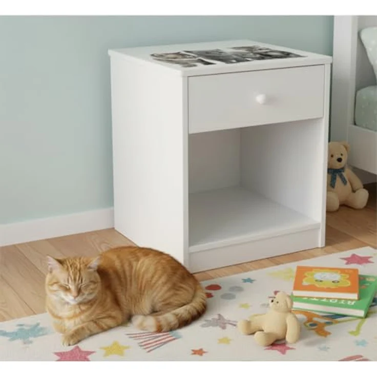 Weiß Nachttisch aus Holz - Katzen - Nachtschrank mit Schublade für Kinder – Bild 7