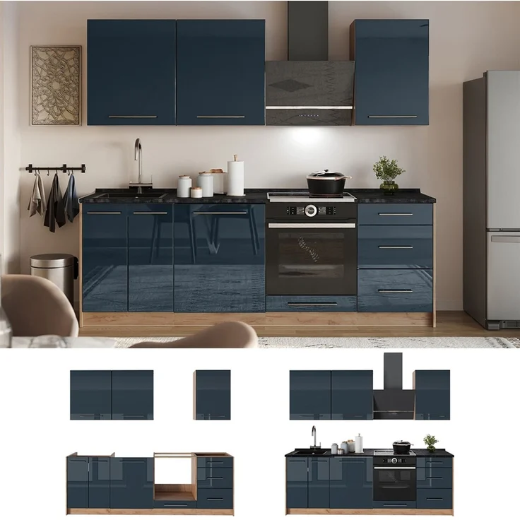 Küchenzeile Fame-Line Dunkelblau Hochglanz/Goldkraft Eiche 230 cm, AP Marmor Vicco – Bild 4