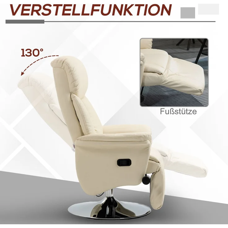 Wohnora-Relaxsessel, Liegefunktion, Lederoptik, Fußstütze, bis 150 kg, 78 x 80 x 109 cm, Creme,H 1090cm x T 800cm x B 780cm,Cremeweiß – Bild 5