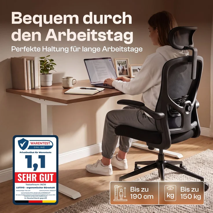 LUTIVO Charlie, ergonomischer Bürostuhl mit atmungsaktivem Mesh, Kopfstütze und Flip-Up Armlehnen, schwarz – Bild 1