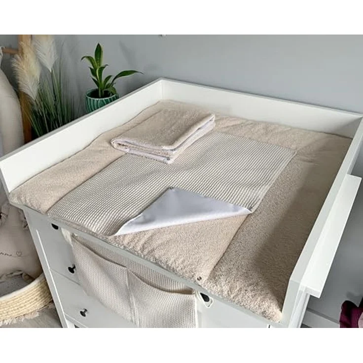 Wickelauflage Set 6-teilig – Wickelunterlage aus Waffelstoff & Frottee mit Druckknöpfen – Baby Wickelauflage – Wickeltischauflage – 75x75 cm (Breite x Tiefe), Hellbeige – Bild 6