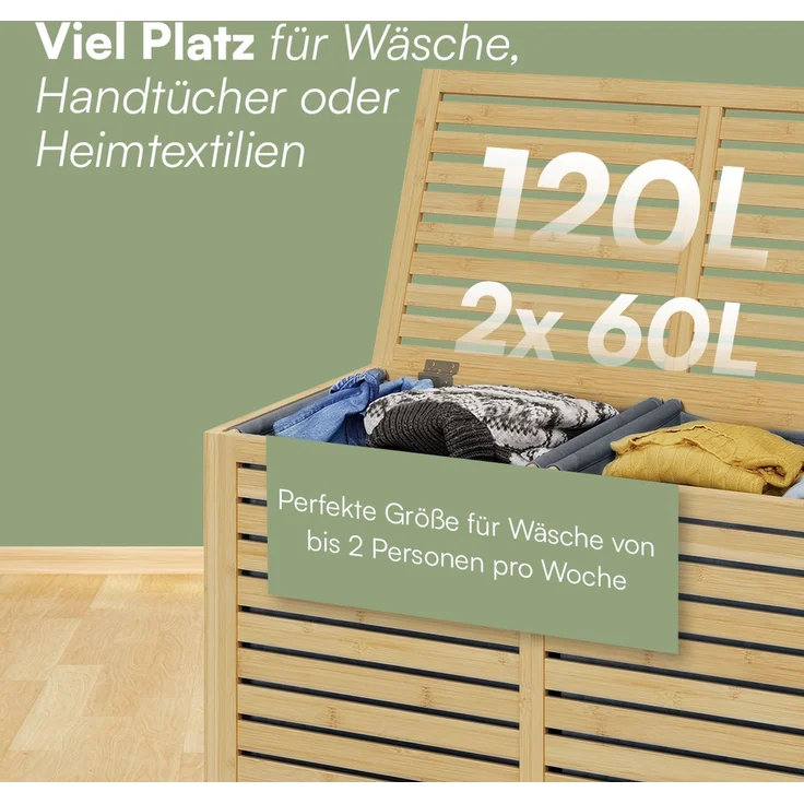 Bellamio 'Newa' Wäschesammler, 120 Liter (2x 60 Liter), Bambus, herausnehmbare Wäschesäcke aus Oxford-Gewebe, anthrazit, Wäschekorb mit Deckel – Bild 4