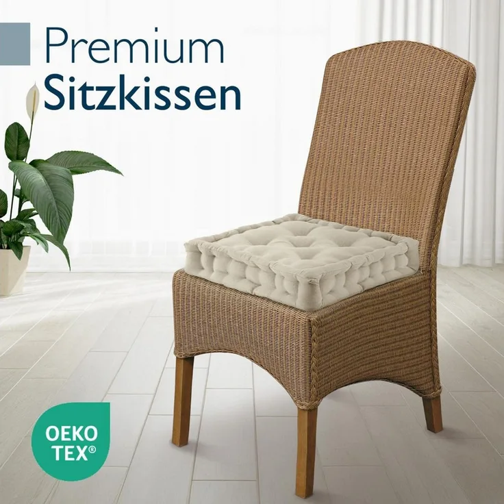 Beautissu Stuhlkissen 4er Set Bodenkissen Sitzkissen Mila, 40x40cm, Leinen, Matratzenkissen 10cm, 100% Baumwolle Stuhlkissen Indoor & Outdoor