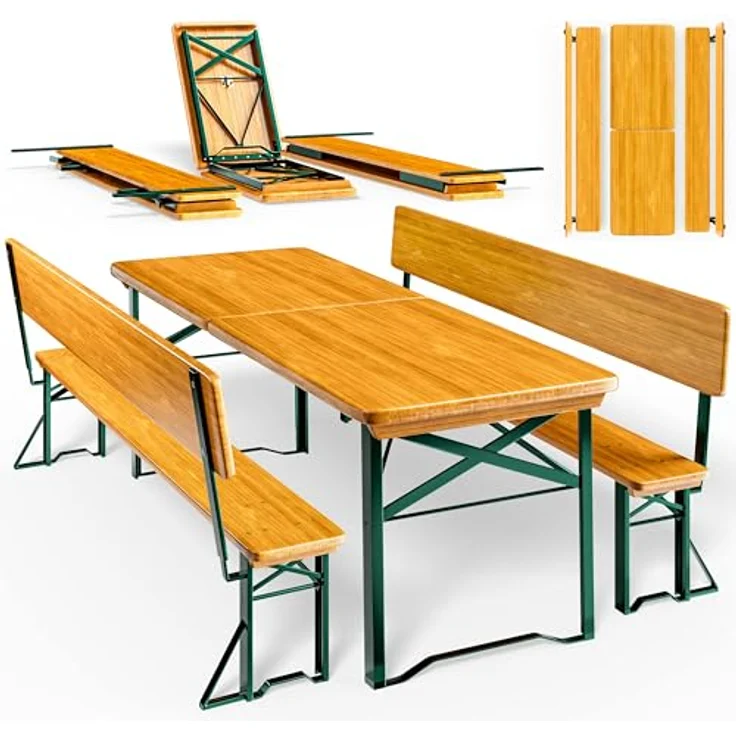 Casaria Bierzeltgarnitur mit Rückenlehne, 3-teilig, klappbar, Holz natur / Stahl grün, 170 x 70 x 75 cm – Bild 2