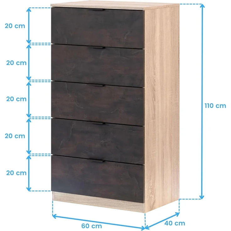 Habitdesign, Kommode mit 5 Schubladen – moderner Sinfonier in Eiche & Rostoptik, platzsparender Schubladenschrank für Schlafzimmer oder Büro, Maße: 60 x 110 x 40 cm (B x H x T), Modell Alaya – Bild 3