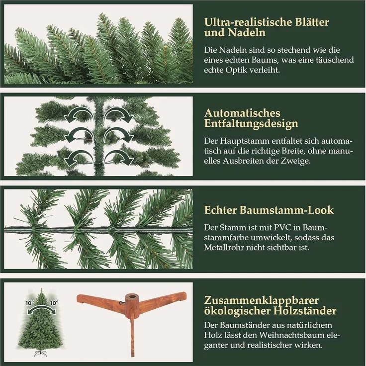 Salcar Künstlicher Weihnachtsbaum Tannenbaum Künstlich Weihnachtsbaum mit Holzständer, Nordmanntanne, 180cm mit 730 PVC-Nadeln – Bild 5