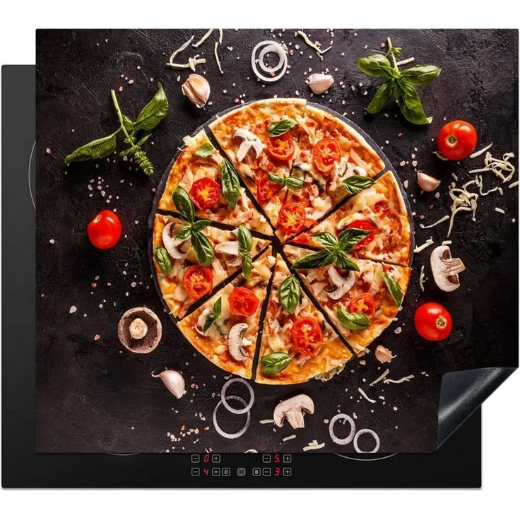 MuchoWow Herd-Abdeckplatte Pizza - Gemüse - Kräuter - Küche - Industrie, Vinyl, (1 tlg), Herdabdeckplatten für Ceranfeld, Induktionsschutz, 65x55 cm