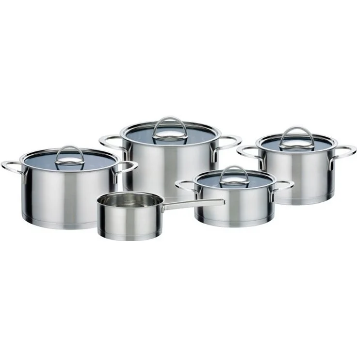 GSW Topf-Set Elegance, Edelstahl 18/8 (Set, 9-tlg, 1 Bratentopf 20cm, je 1 Fleischtopf 16/20/24cm, 1 Stielkasserolle 16cm), handfreundliche Kaltmetallgriffe, Literskala. Induktion – Bild 2