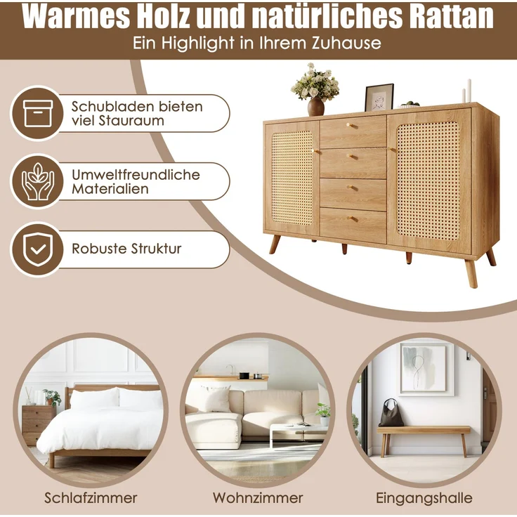 DESVIAE Sideboard mit 4 Schubladen und 2 Türen 140x86x40 cm aus Spanplatte und MDF, helle Eiche – Bild 5