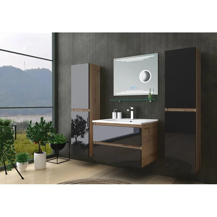 Homeline Badmöbel Set Eiche/Schwarz Kaiser Hochglanz 60 cm Spiegel incl LED (60, 7, 3X Seitenschränke)