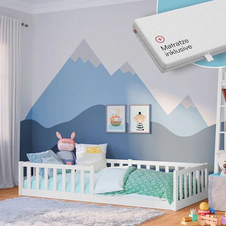 Bellabino 'Vere' Bodenbett 90x200 cm mit Matratze, weiß, Massivholz Kiefer, Montessori Kinderbett mit Rausfallschutz und Lattenrost – Bild 1