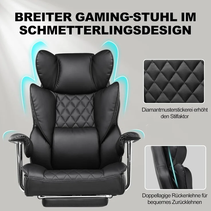 GTPLAYER Gaming Stuhl, Bürostuhl mit Taschenfeder-Lendenwirbelstütze, breiter Büro-Computersessel mit nach außen fixierten weichen Armlehnen und Fußstütze, 180KG, Leder Schwarz – Bild 5