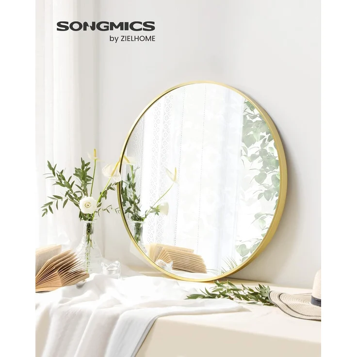 SONGMICS 61 cm d Spiegel rund, runder Spiegel, Wandspiegel, Metallrahmen, einfache Montage, modern, für Bad, Wohnzimmer, Schlafzimmer, Flur, Eingangsbereich, metallisches Gold LWM102AB03 – Bild 2