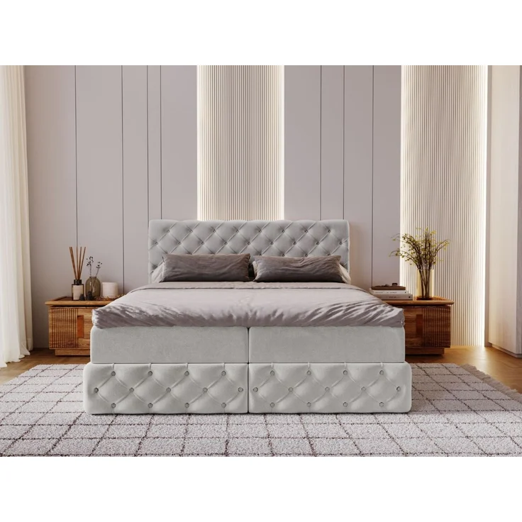 GRAINGOLD Canolo Doppelbett 180x200, Boxspringbett mit zwei Bettkästen, Glamour Stil, Velour-Stoff, Hellgrau – Bild 3