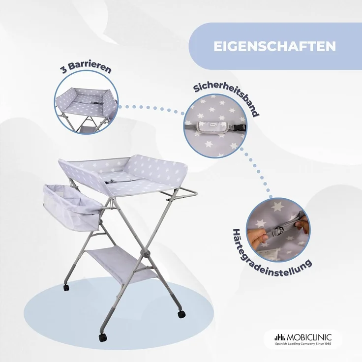 Mobiclinic®, Wickeltisch, Klappbar, Höhenverstellbar, Bis zu 15 Kg, 0–36 Monate, Windel-Organizer, 360°-Räder mit Bremse, Gurt und Sicherheitszaun, Waschbarer Bezug, Aufbewahrung, Zoey – Bild 6