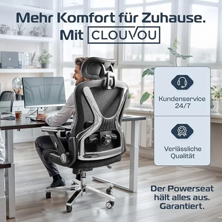 CLOUVOU PowerSeat Bürostuhl Ergonomisch [TESTSIEGER], 200 kg Belastbarkeit, individuell einstellbar mit 4D Armlehnen und Lendenwirbelstütze, atmungsaktiver Mesh-Bezug für Home Office und Gaming – Bild 5