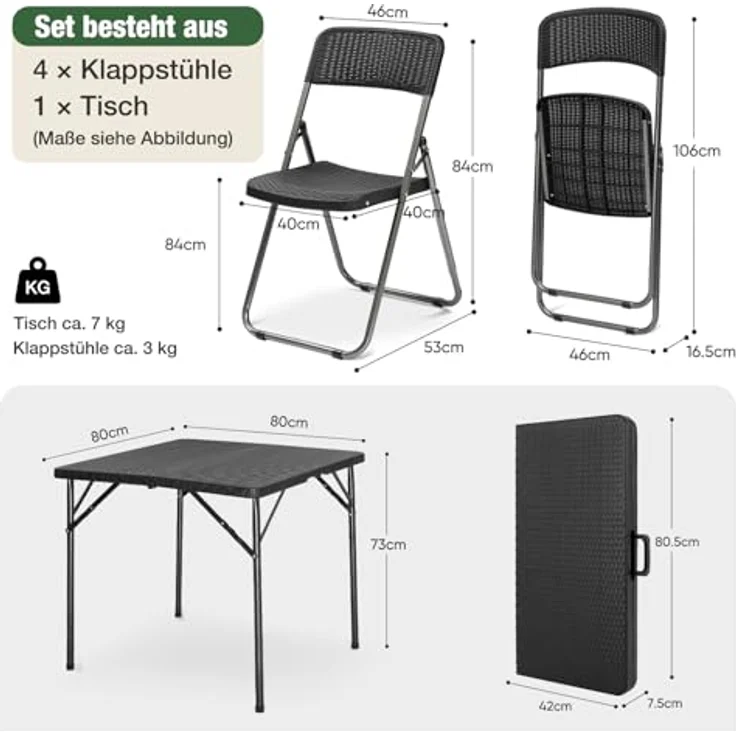 Sekey Gartengarnitur Set, Garten-Essgruppe 4 Personen, Balkonset Balkonmöbel Set 4 Stühle mit Tisch, Klappbar Gartentisch mit Stühlen Set Terrassenmöbel für Terrasse, Balkon, Bistro, Garten – Bild 7