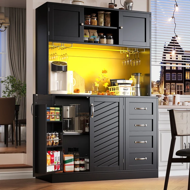 Seitenboard / Aufbewahrungsschrank / Küchenschrank / Buffetschrank, 120 x 40 x 188 cm, mit LED-Beleuchtung, Snackregal & Getränkehaltern, 4 Türen & 2 große Schubladen, Grün/Schwarz/Weiß – Bild 2