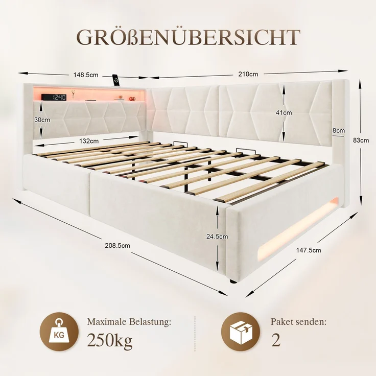 LVHOM Einzelbett 140x200 cm mit Stauraum, Polsterbett mit LED, USB und Type-C, Jugendbett, Hydraulischem Bettgestell, Samt, Beige – Bild 7