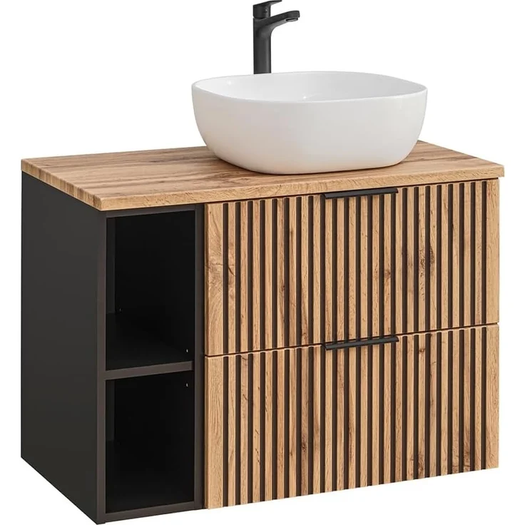 Waschtisch mit Regal und Aufsatzwaschbecken XANTEN-56 in anthrazit mit Eiche Nb. schwarz gerillt, B/H/T: ca. 80,6/74,2/46,5 cm – Bild 1