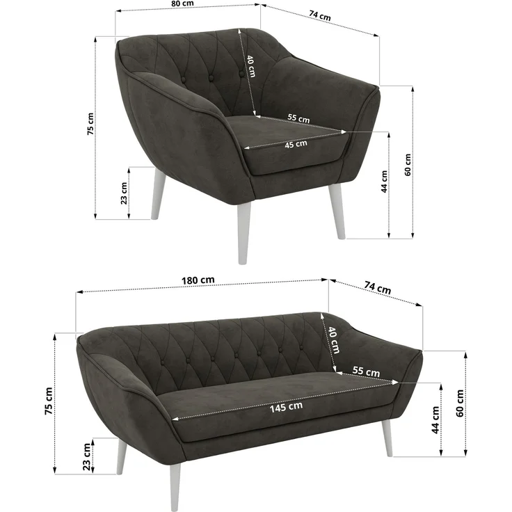 Wohnzimmerset, Möbelset PIRS 3-3-1, Armlehnen, Wellenfederung, weiße Füße, Dreisitzer Sofas mit Sessel, Polstermöbel Set - Dunkelgrau Velvet – Bild 5