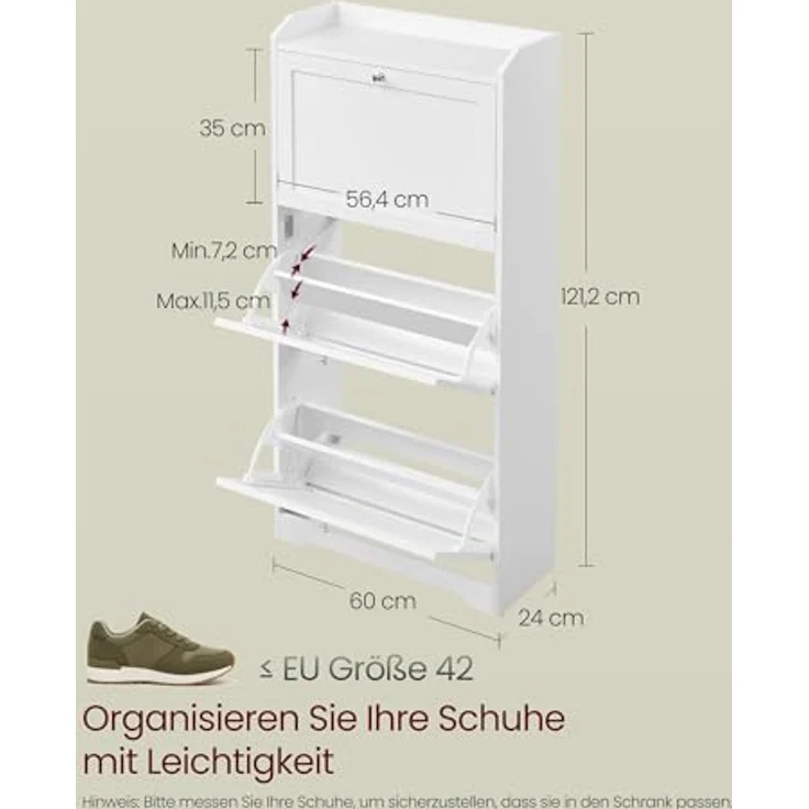 VASAGLE Schuhschrank 3 Klappen, Schuhkipper, Schuhregal, Schuhaufbewahrung, Oberplatte, Trennwand verstellbar, für bis zu 12-20 Paar Schuhe, Flur, 24 x 60 x 121,2 cm, wolkenweiß LBC036WB01 – Bild 4
