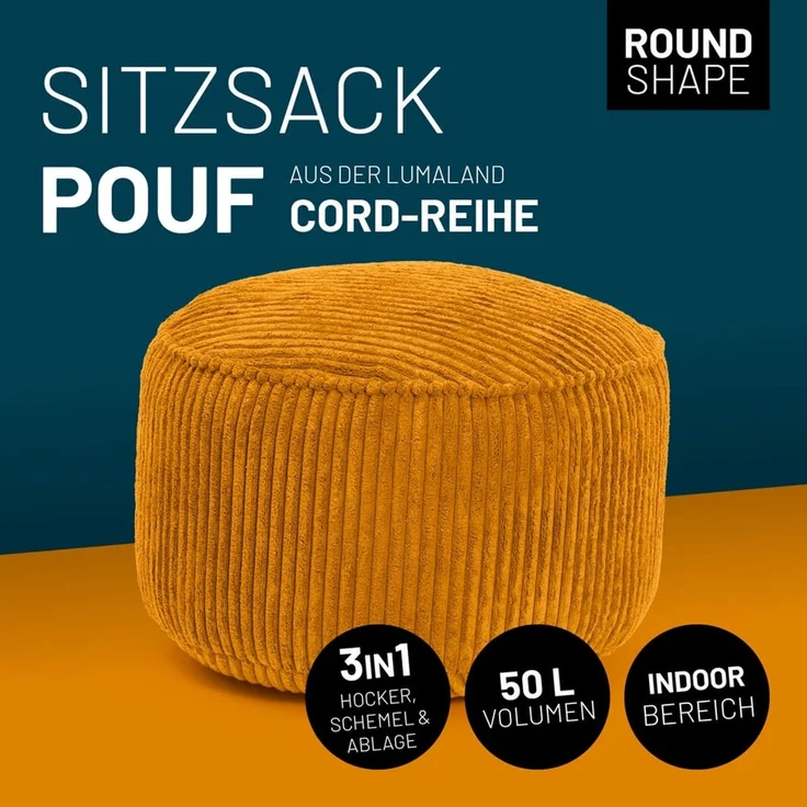 Lumaland Sitzsack Pouf aus Cord | Kompakter 50L Gaming Pouf mit 3-in-1-Funktion: bequemer Hocker, praktisches Tischchen & stylischer Indoor Fußschemel | Ø 25x45 cm [Senfgelb] – Bild 2