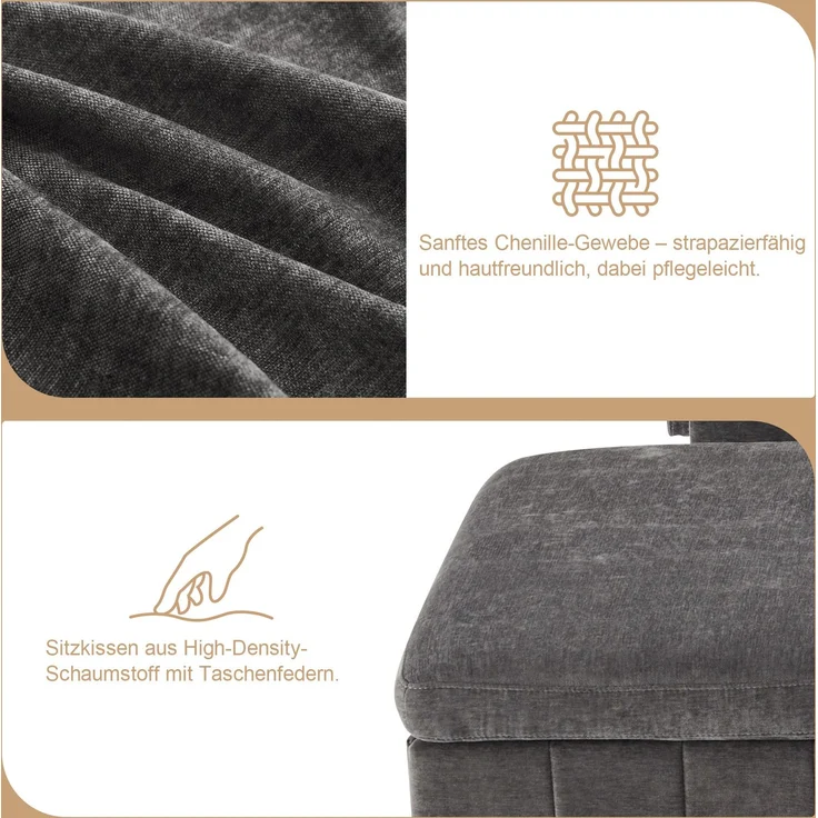 Merax Chenille-Ecksofa, 205cm L-förmiges Sofa mit Schlaffunktion, Ausziehsofa mit Hocker, Leselampe, USB&Type-C, Ausgestattet mit verstecktem Tisch, Ausklappbarer Couchtisch mit zwei Getränkehaltern, Grau – Bild 7