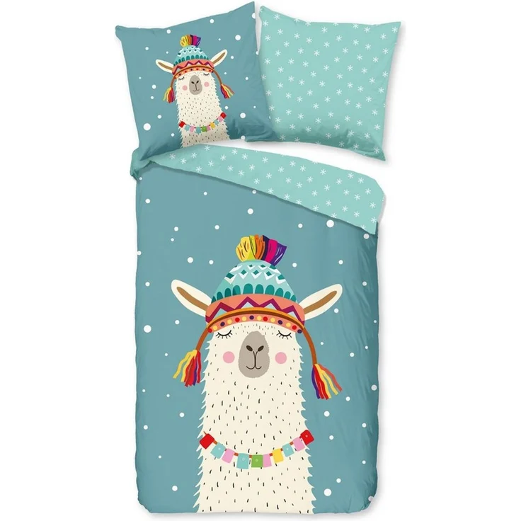 good morning Bettwäsche Comfort Baumwolle, Flanell, 2 teilig, Lama, petrol, Schneeflocken, Wendebettwäsche – Bild 1