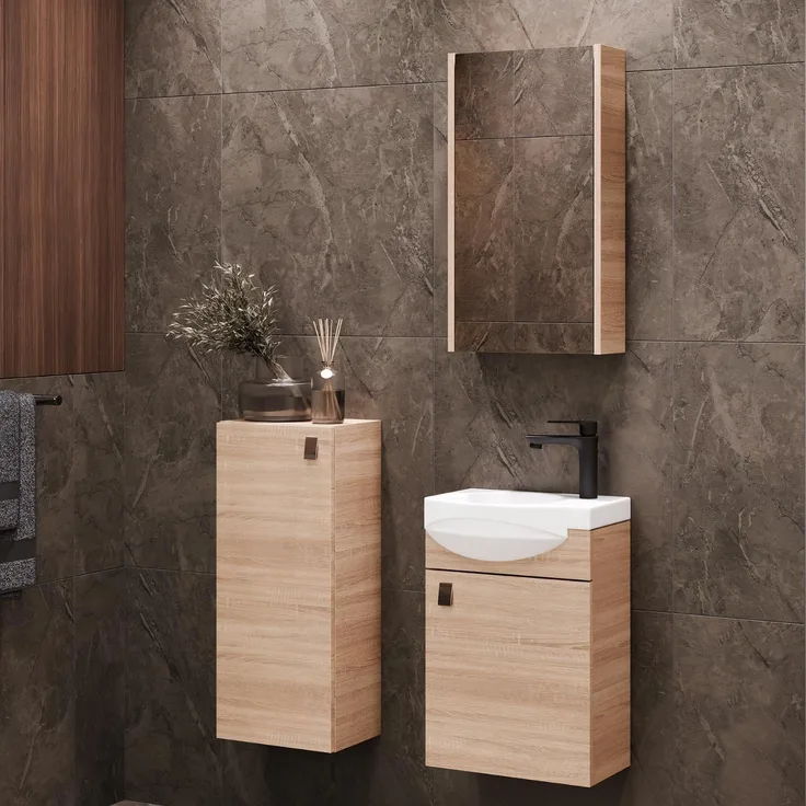 Planetmöbel Badset komplett aus Unterschrank 40cm mit Waschbecken, Spiegelschrank und 1x Midischrank in Sonoma Eiche, Komplettset für Badezimmer 4-teilig