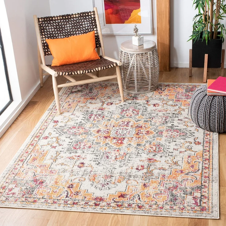 SAFAVIEH Boho Teppich für Wohnzimmer, Esszimmer, Schlafzimmer - Madison Collection, Kurzer Flor, Beige und Orange, 91 X 152 cm