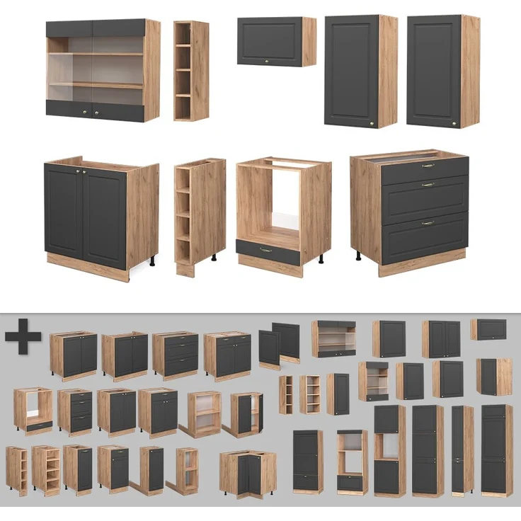 Küchenzeile Fame-Line Anthrazit Landhaus/Goldkraft Eiche 235 cm ohne Arbeitsplatte Vicco – Bild 6