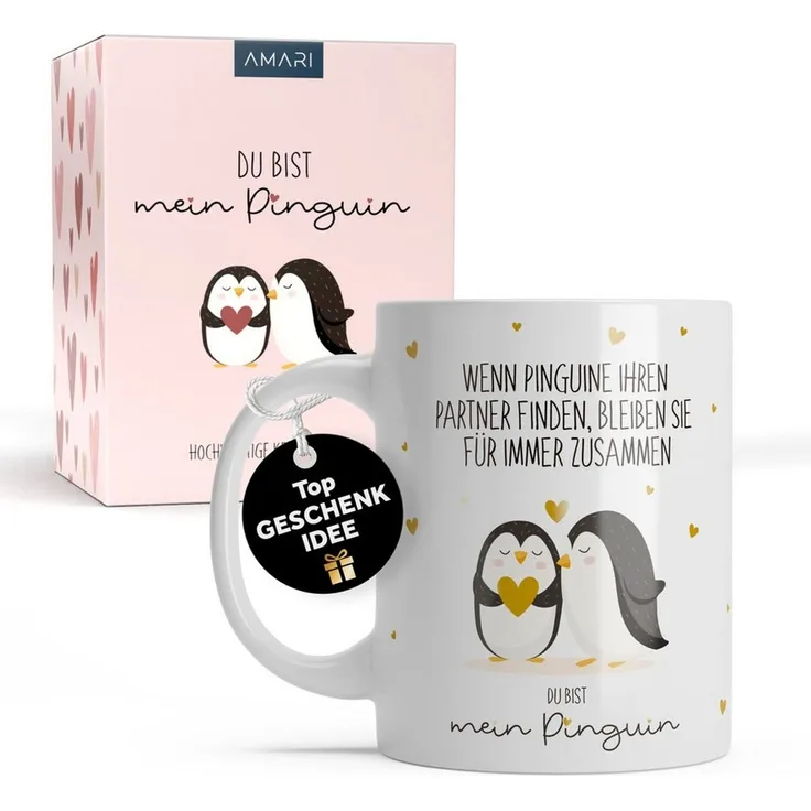 Amari Tasse Du bist mein Pinguin Spruch Gold, Pinguin Geschenk Partner Freundin, Keramik, Kaffeetasse Teetasse 330 ml Geschenkbox Jahrestag Hochzeitstag