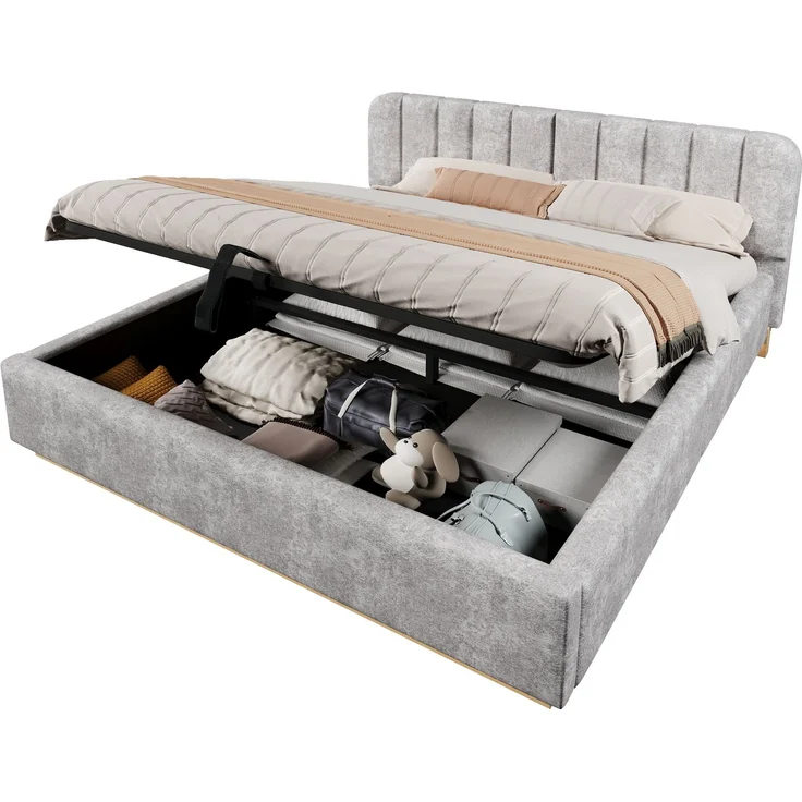Polsterbett, Doppelbett, 180 x 200 cm, Bett mit Lattenrost, Kopfteil,Gepolstertes Kopfteil,Hydraulische Lagerung, Mit LED-Lichtleiste, Ohne Matratze, Hellgrau Chenille – Bild 6