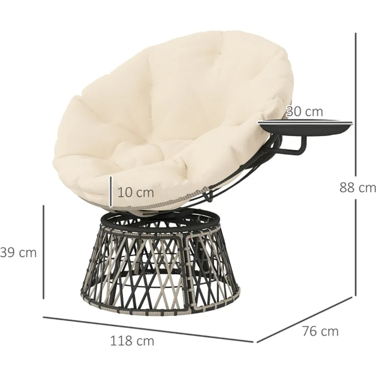 Papasan Sessel Rattansessel 360 Grad drehbar mit Seitentisch Rattan Stahlrahmen Lounge Sessel 120kg,Beige – Bild 6