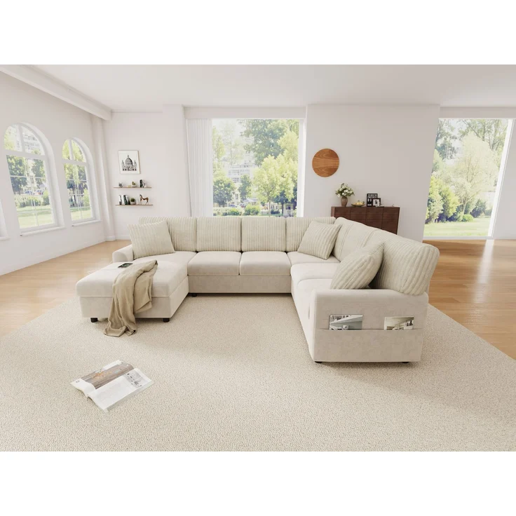 ZUBALIYA Modulare Wohnlandschaft, mit USB-C-Anschluss, H 83 × T 196 × B 249 cm, Beige, Chenille / Cord – Bild 13