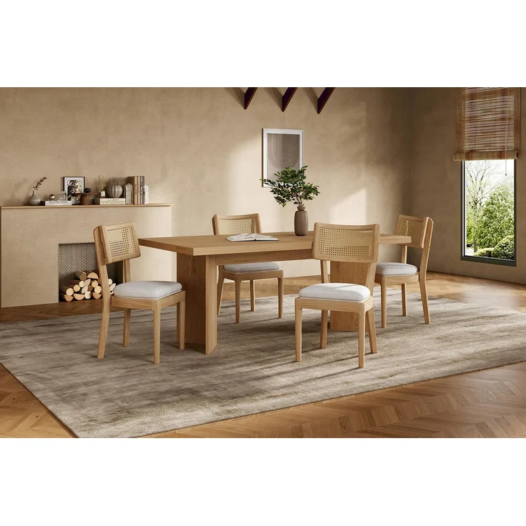 4 Esszimmerstühle aus Massivholz mit Rattan-Rückenlehnen, bequem und atmungsaktiv, geeignet für Esszimmer, Wohnzimmer, Cafés, moderner Stil, Leinen, Holzfarbe – Bild 19